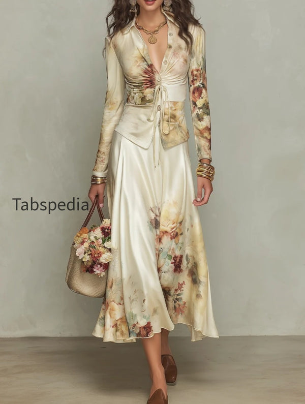 Elegant Ivory Floral Print Satin Skirt Set