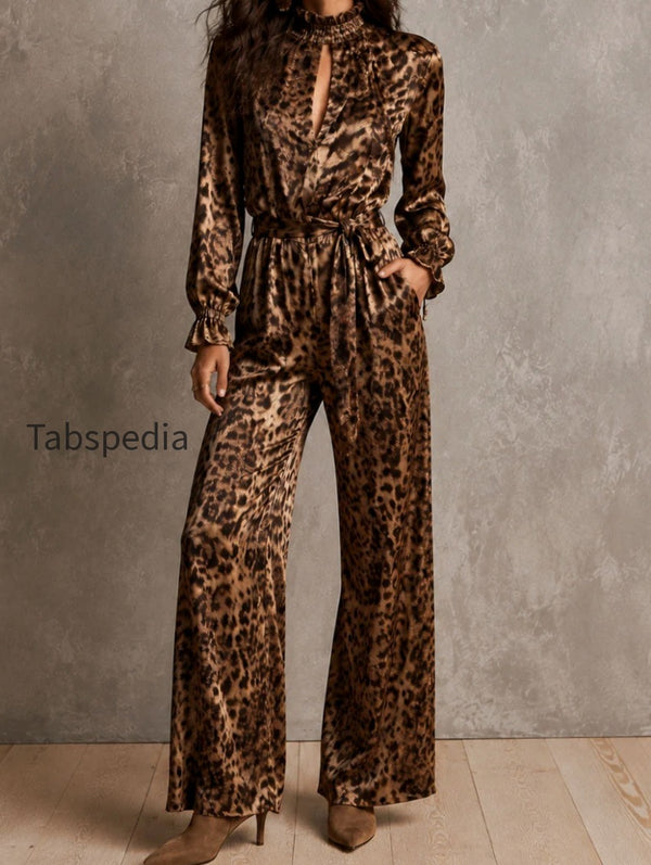 Vintage Leopard Satin Frill Neck Belted Long Sleeve Jumpsuit