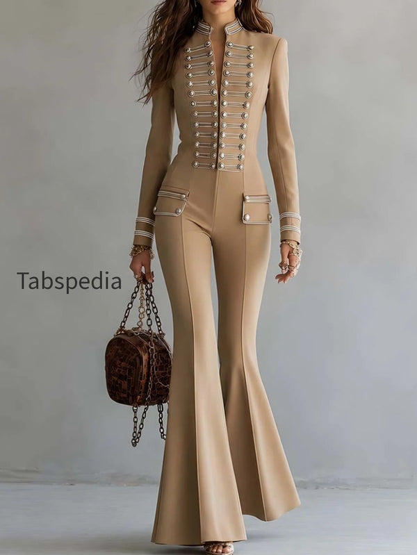 Vintage-style Military-inspired Button-detail Jumpsuit