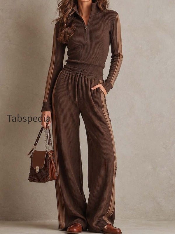 Vintage Ribbed Half-Zip Long Sleeve Top and Wide Leg Pants Knit Two-Piece Set