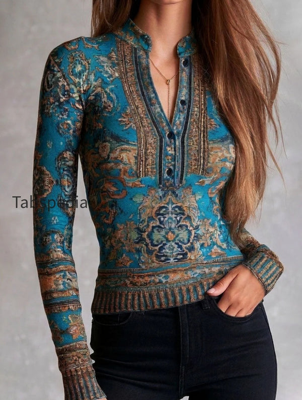 Vintage Ethnic Turquoise Floral Print Half Placket Knit Top